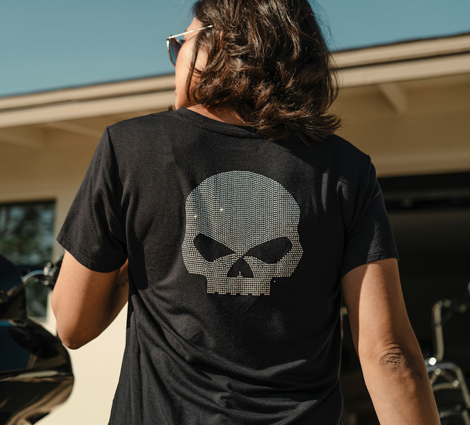 Women's Willie G Skull Bling V-neck - Harley Black