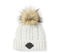 Women's Leather Patch Pom Winter Beanie, White