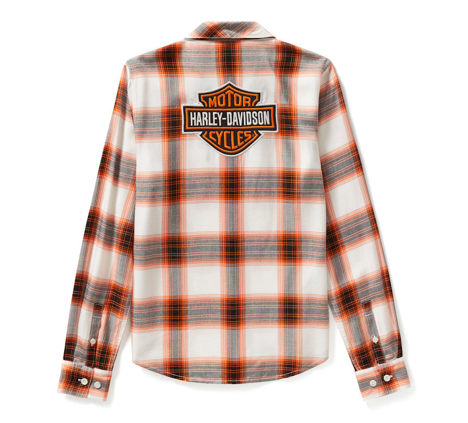 Women's Essential Bar & Shield Woven Plaid Long Sleeve - Cloud Dancer & Harley Orange