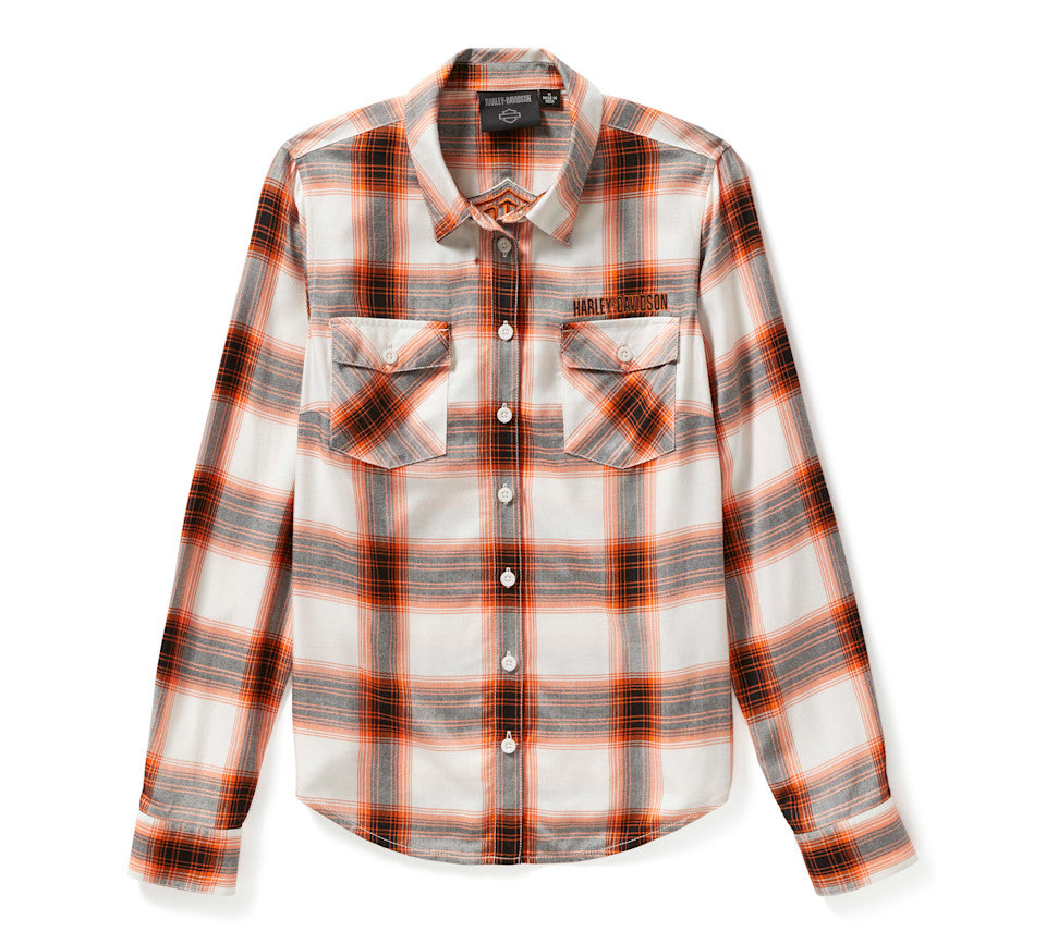 Women's Essential Bar & Shield Woven Plaid Long Sleeve - Cloud Dancer & Harley Orange